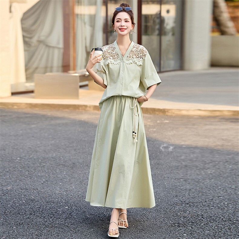 现货2025夏装新款花边拼接时尚休闲两件套套裙,女装套装/套裙,木子恋