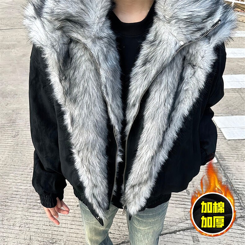 现货高品质美式高街重磅狼王座山雕毛毛领假两件棉衣加厚棉服外套，男装棉衣，电商A443