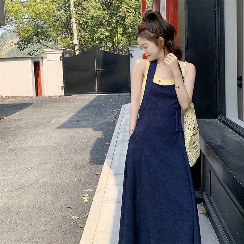 夏季时尚小个子甜美套装裙女2025年新款蓝色牛仔背带裙T恤两件套,女装连衣裙,2C292