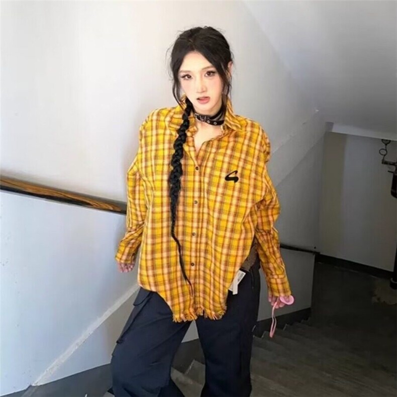 2025美式复古多巴胺黄色格子衬衫男女高街衬衣开衫长袖外套上衣,男装衬衫,星座506A