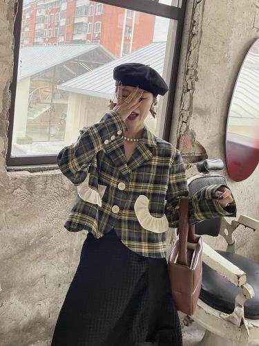 【现货】秋款格子短西装上衣，女装西装，blue face