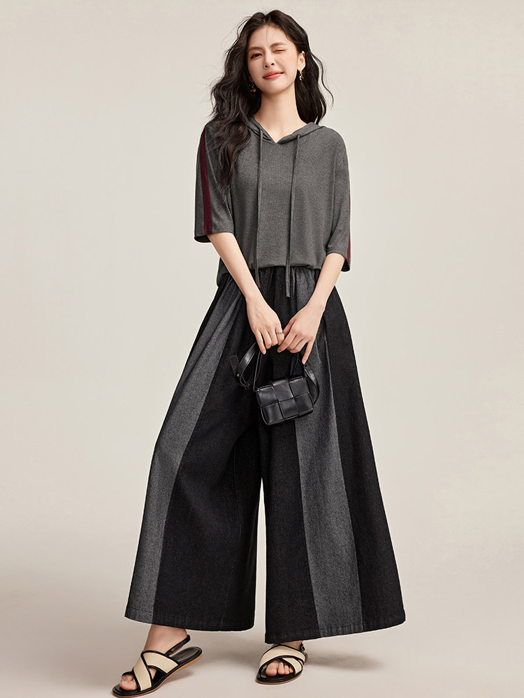 现货夏季套装女2025新款爆款设计感小众半袖拼色牛仔阔腿裤两件套休闲,商品下架区,央宝儿