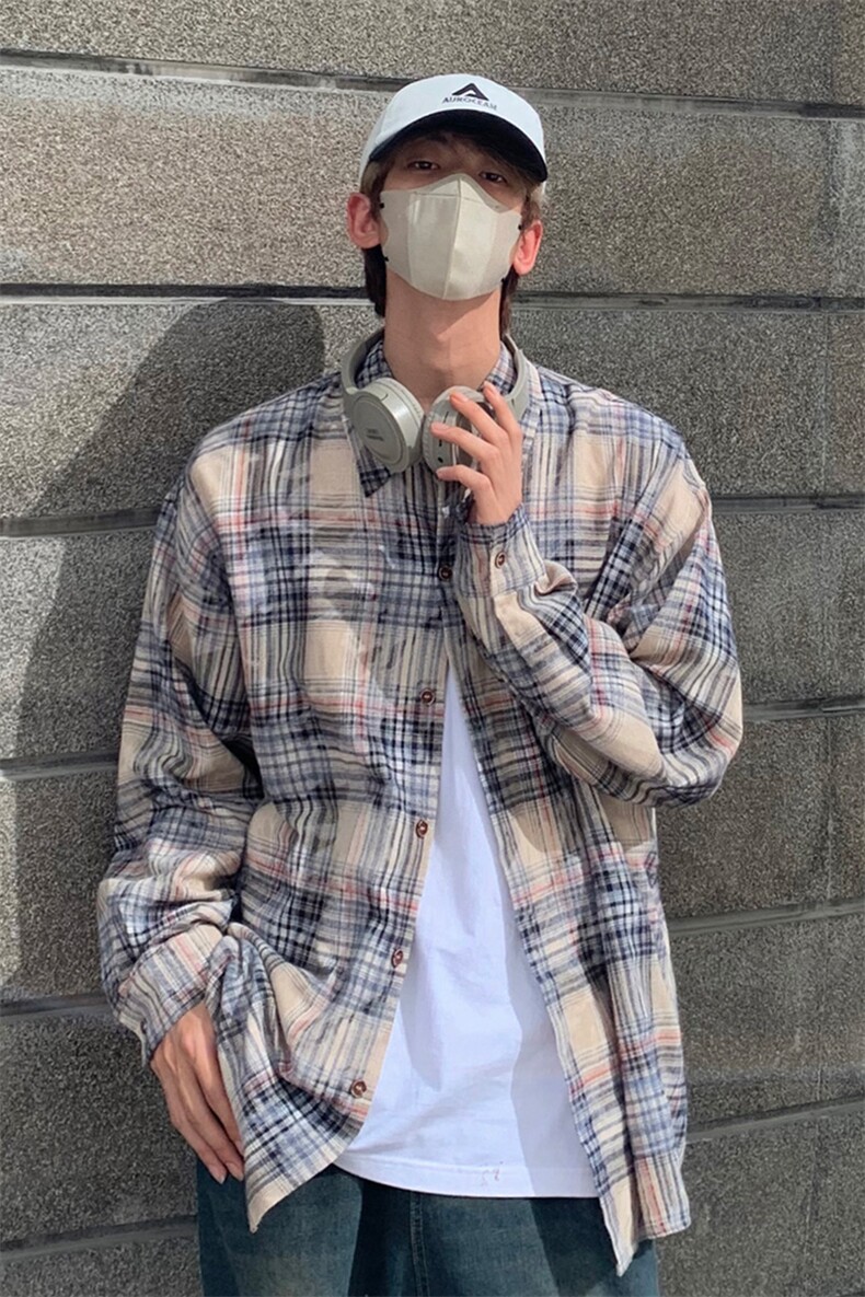 抖音品质美式高街纯棉男士长袖格子衬衫DX509P55控89,男装衬衫,电商B413-1