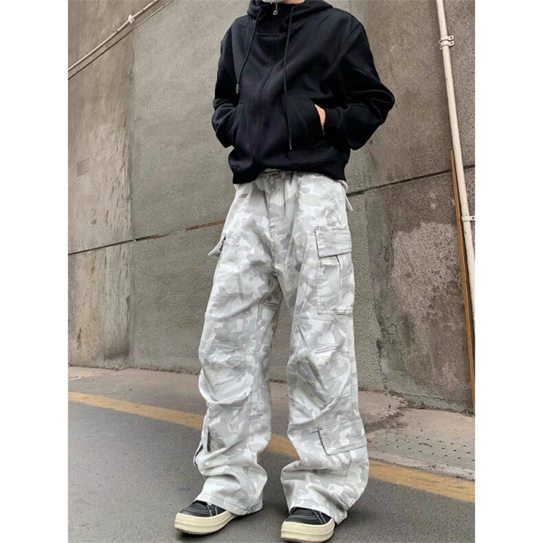 美式水洗雪地迷彩多口袋牛仔工装裤男女同款风直筒微喇休闲裤,男装工装外套,四季星座505