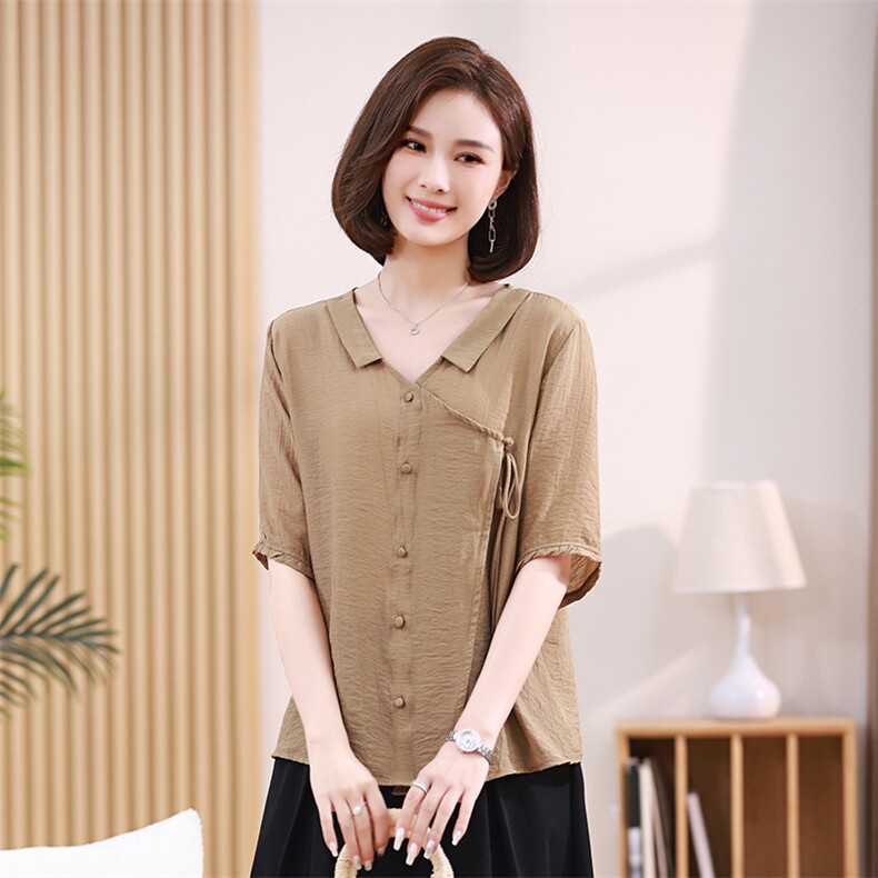 2023夏季新款小清新时尚短袖上衣优雅气质V领宽松显瘦女装衬衫，女装衬衫，鑫鑫格
