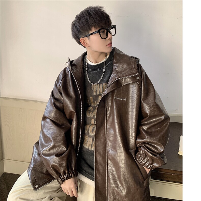 1港风连帽鳄鱼纹PU皮大码M-5XL情侣女冲锋衣夹克男JK8744P90控128,男装夹克,星座226-2