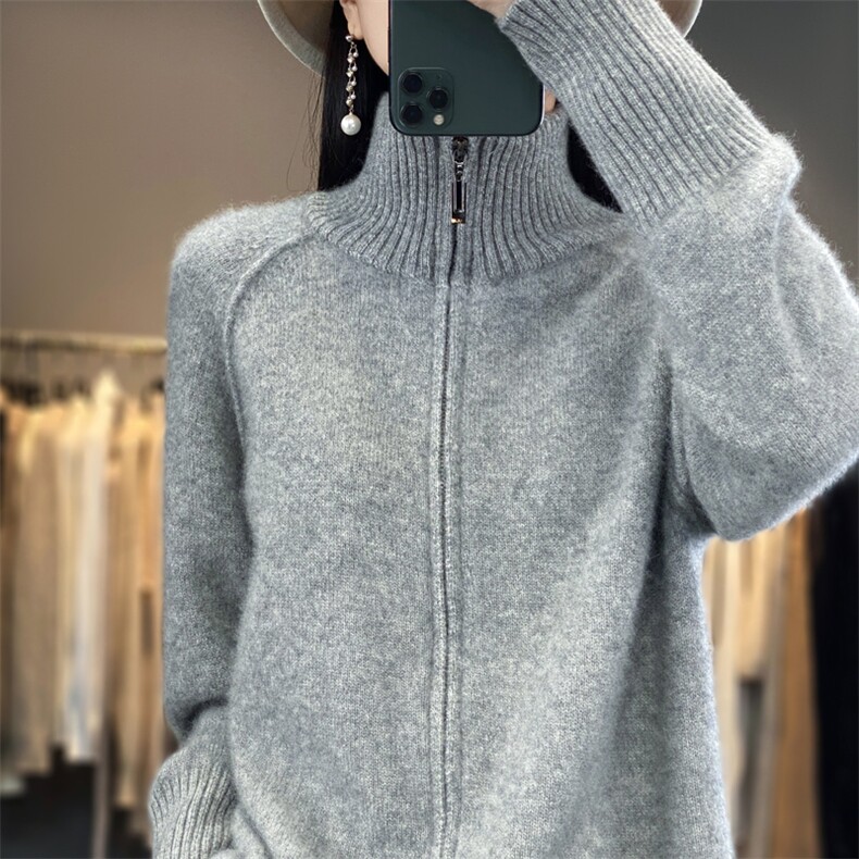 秋冬新款高领羊绒针织开衫女纯色拉链毛衣外穿宽松显瘦羊毛外,女装羊毛衫,忠诺羊绒