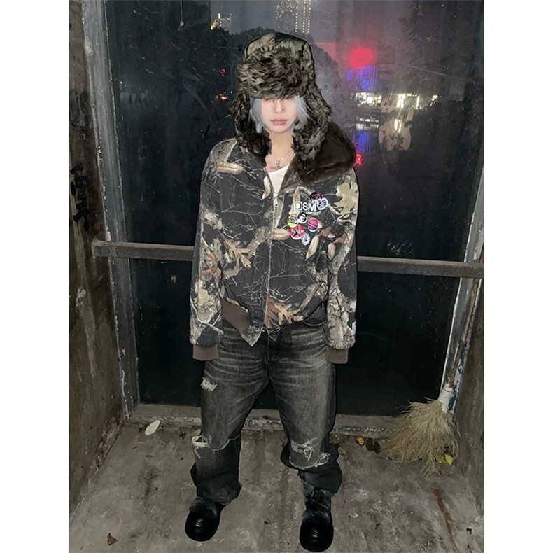 网图有货美式复古迷彩连帽座山雕棉服男女加绒棉衣A1137-P155,男装棉衣,星座1505