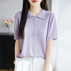 高级感莱赛尔针织polo翻领T恤女2025夏轻薄透气减龄短袖镶钻t恤衫，女装T恤，昭美羊绒