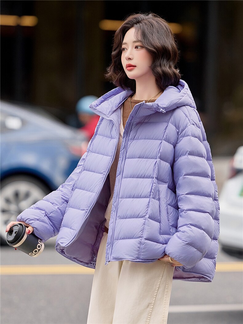 现货紫色排骨款泡芙羽绒服女宽松休闲连帽厚款冬季外套,女装羽绒服,梦懿尔