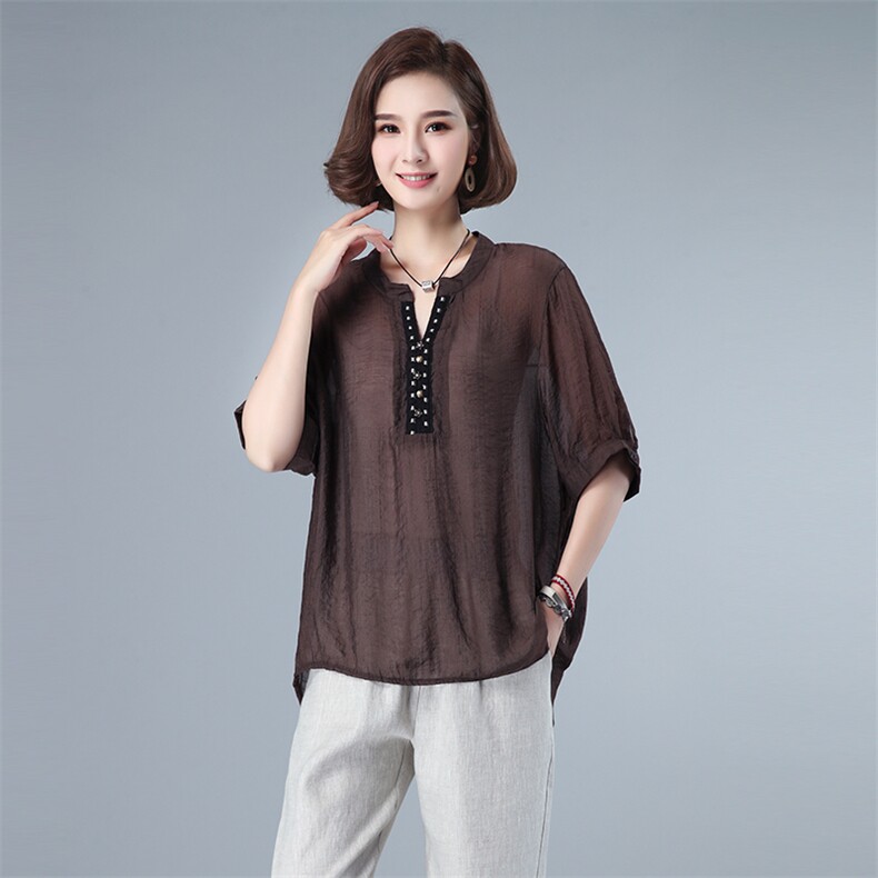 时尚宽松大码女装上衣夏季新款舒适百搭V领短袖衬衫,女装大码女装,秋牧寒烟