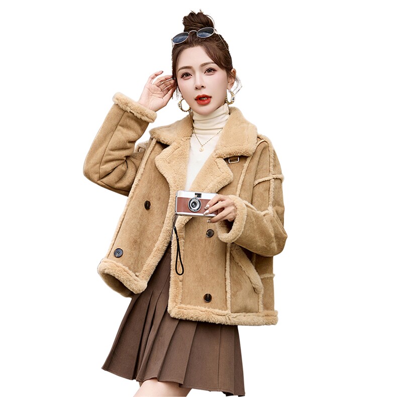 洋气粉色皮毛一体羊羔毛外套女2024冬季加厚保暖鹿皮绒机车服夹克,女装短外套,自然秀