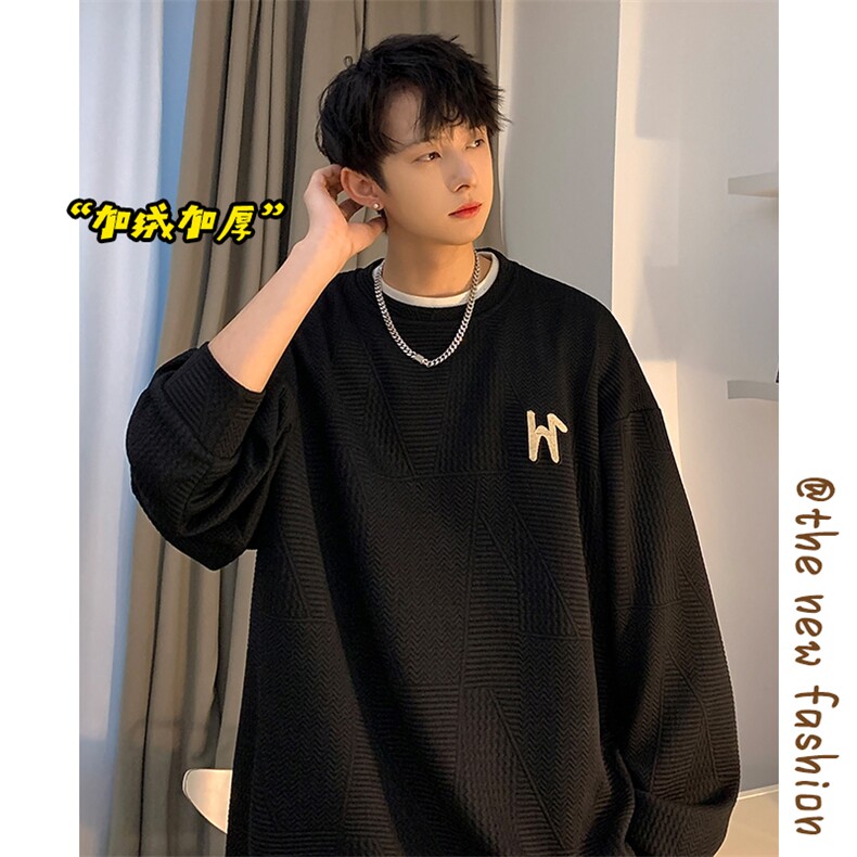 改加绒冬新休闲圆领卫衣男加绒加厚大码上衣W317J加绒-P50,男装卫衣,电商A001-1
