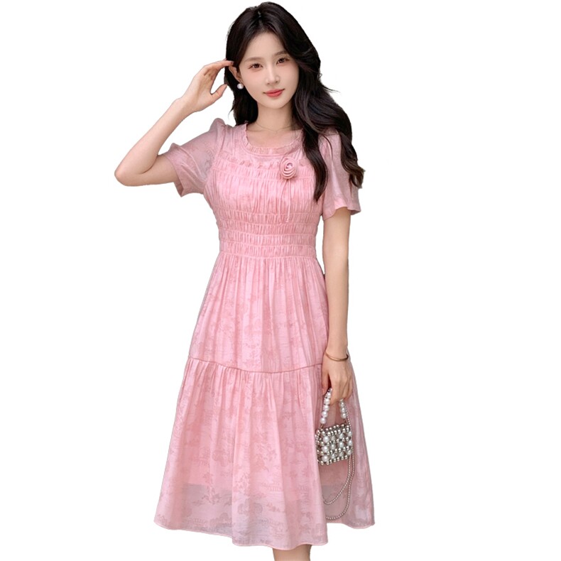 多色可选新款短袖显瘦花色仙女大摆长裙,女装连衣裙,心心服饰
