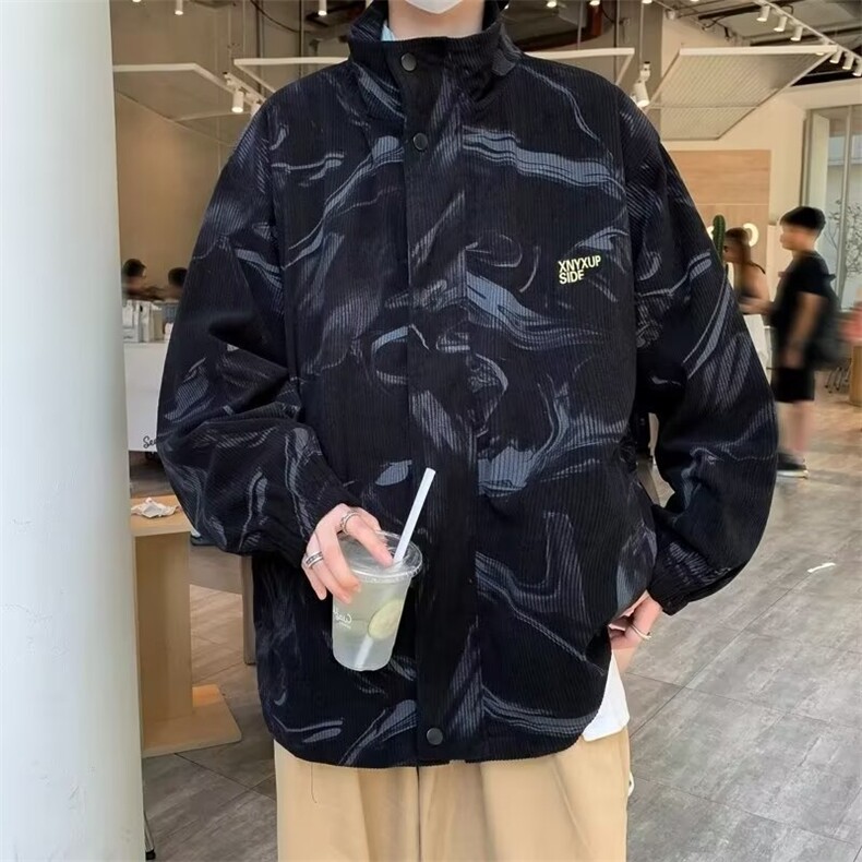 春秋灯芯绒翻领外套男日系复古休闲美式痞帅港风刺绣夹克 W6013图片