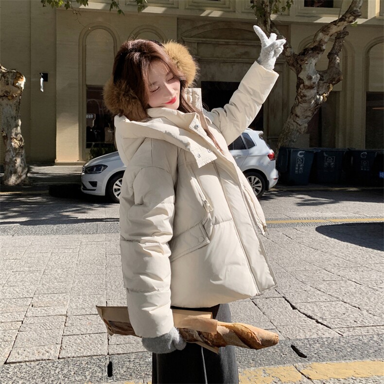 现货新款东大门加厚保暖羽绒服百搭连帽面包服女装外套女，女装羽绒服，然然