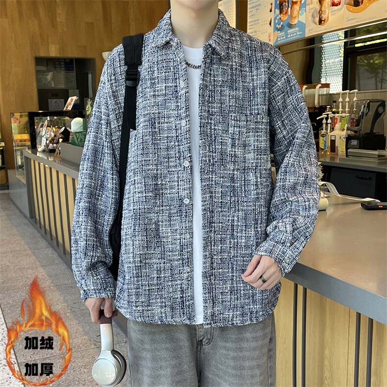 加绒加厚秋冬港风男大码小香风衬衫宽松印花长袖衬衣外套/8813p60,男装衬衫,电商A012