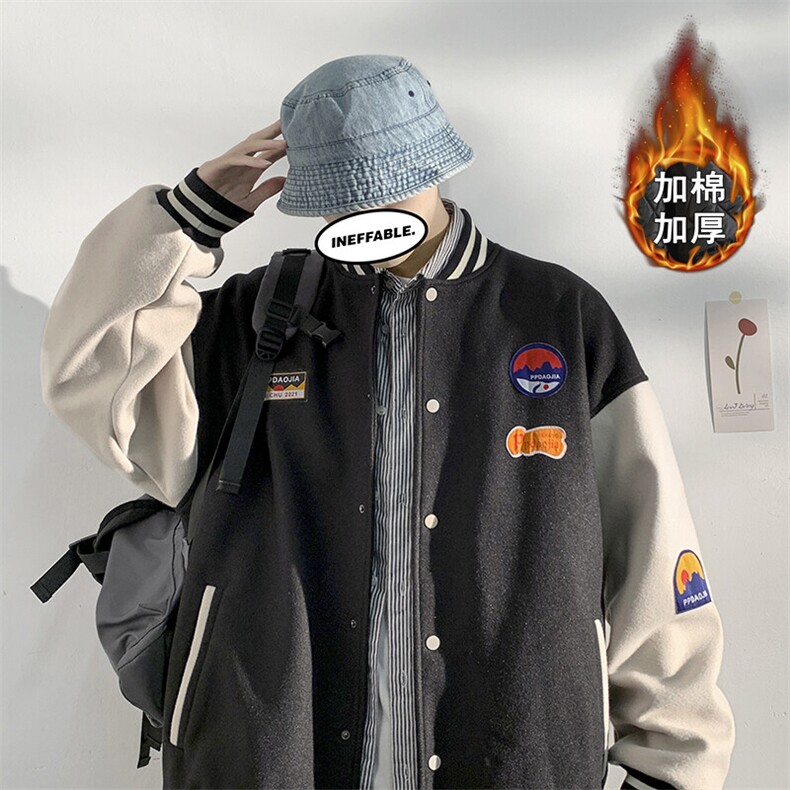 2025冬款拼接呢料boy港风贴布标棒球服加棉加厚棉服J67201-P105,男装夹克,电商A001