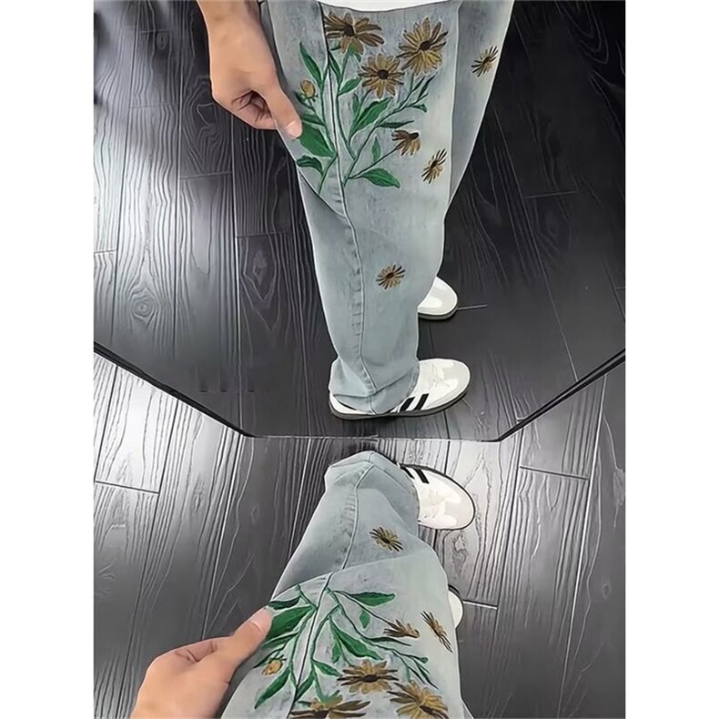 炸街直筒裤子花朵刺绣微喇牛仔裤男潮牌ins宽松休闲裤 NHW11图片