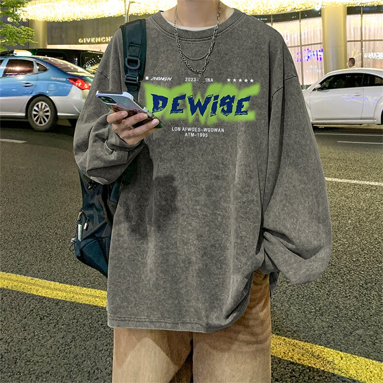 直播品质重磅纯棉美式蜡染水洗做旧潮牌宽松长袖t恤CT295特P38,男装T恤,电商A486