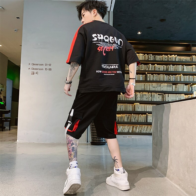 新款夏季棉质时尚帅气流行体恤宽松短袖T恤休闲套装男F161P70,男装休闲套装,电商A086