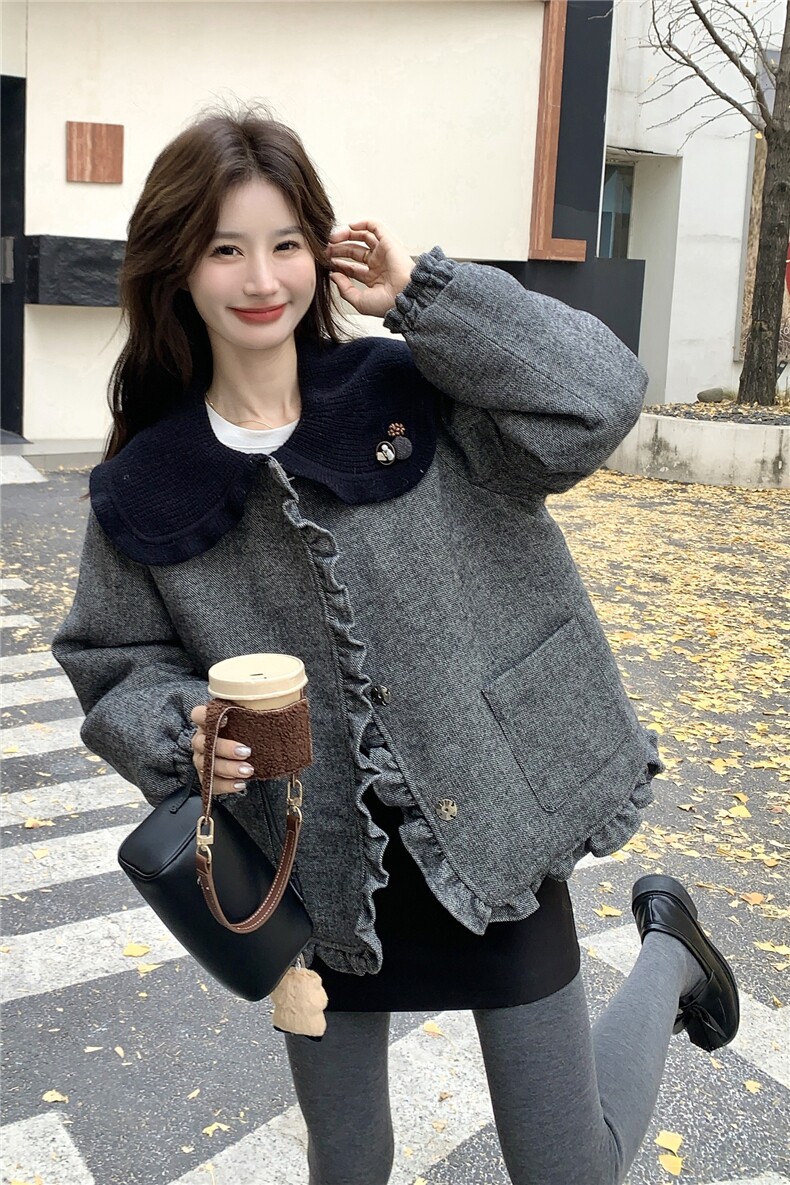 韩版学院风娃娃领毛呢白鸭绒外套女短款灰色气质减龄小个子羽绒服,女装羽绒服,艾米莉亚