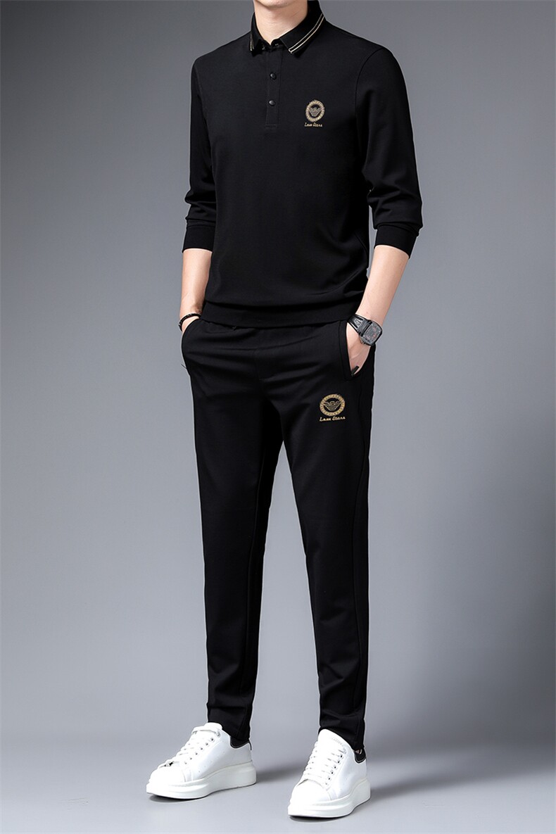 翻领长袖t恤男春秋新款宽松潮流时尚休闲套装衣服两件套中年男装,男装休闲套装,电商B212（原钱塘6029）