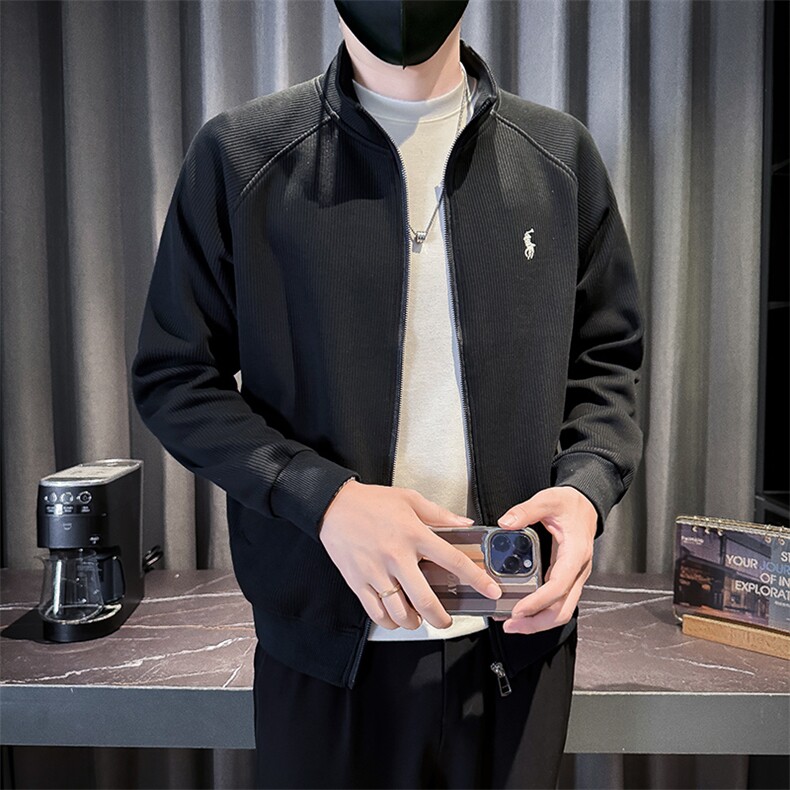 1001-M-3XL-P88秋季休闲男士运动针织刺绣简约纯色毛衣开衫外套图片