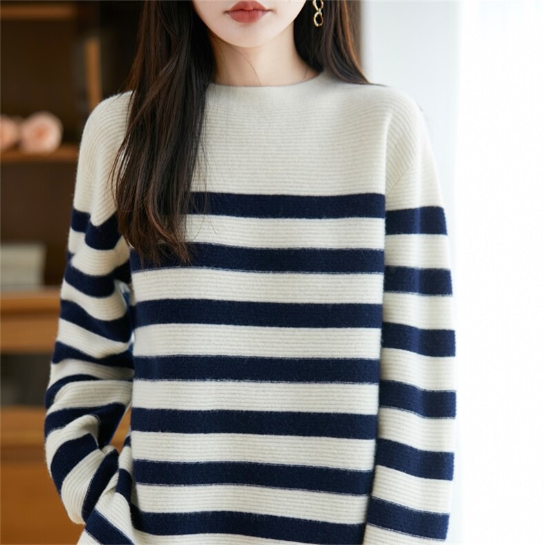 慵懒风条纹针织衫女100纯羊毛打底毛衣2025新款加厚保暖法式毛衫，女装羊毛衫，迅太羊绒