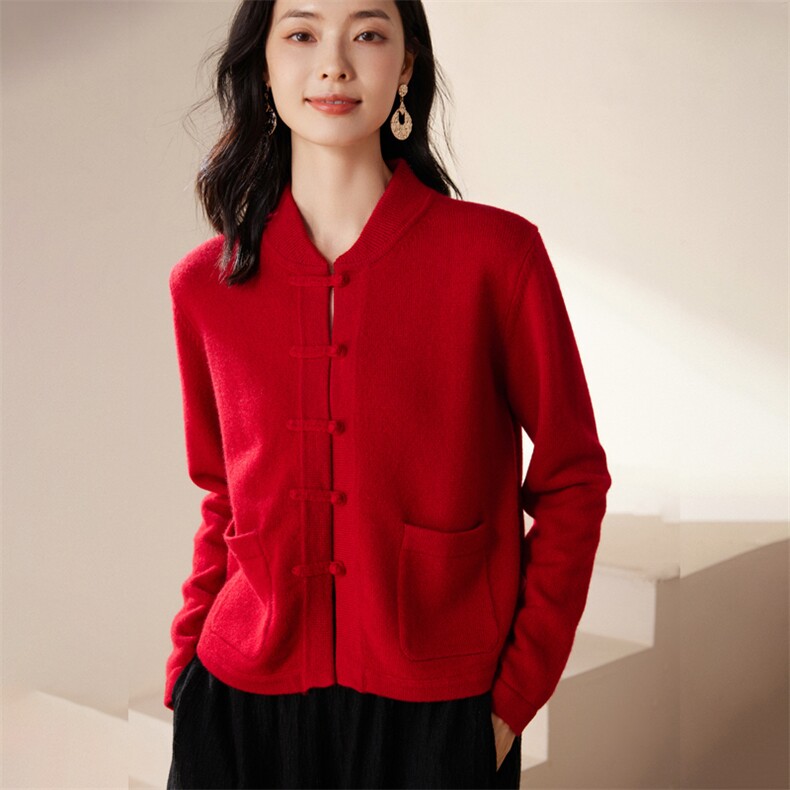 24秋冬新款新中式羊毛开衫女宽松带兜立领国风系扣羊绒外套图片