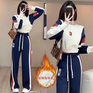 现货加绒运动服套装女秋冬新款休闲时尚卫衣阔腿裤两件套洋气图片