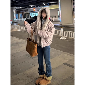 现货高品质美式高街冬季重磅硬挺短款座山雕毛领棉衣男女加厚外套图片