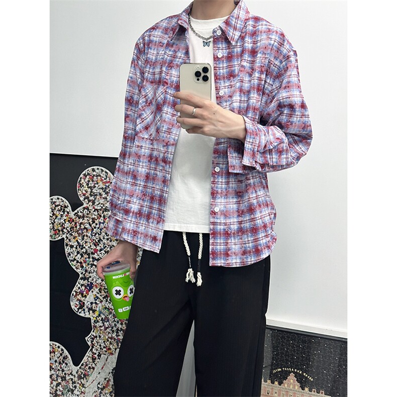 衬衫男秋季新款港风宽松扎染刺绣格子长袖衬衣25XC33159特批45,男装衬衫,电商A042