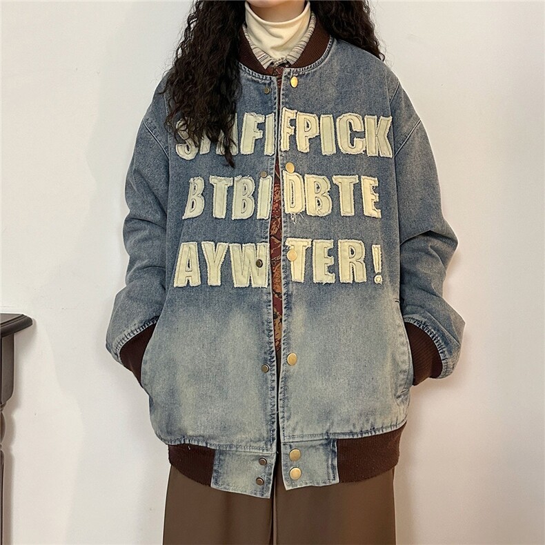美式潮牌棒球服字母贴布牛仔外套春秋情侣撞色蓝色夹克J3355,男装工装外套,星座516A