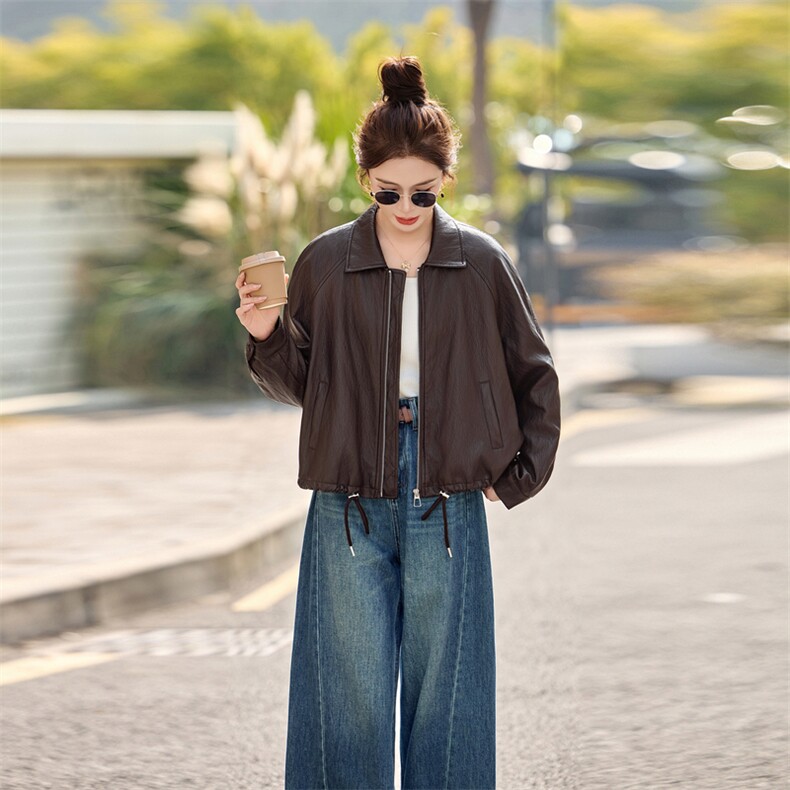 皮衣外套女春秋季2026新款小个子港风复古高级感皮夹克,女装皮衣,秀美人生