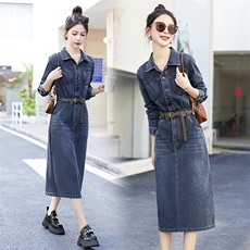西湖阁老【汇】春季开叉过膝显腰身棉质牛仔连衣裙309剪标，女装连衣裙，布芭啦