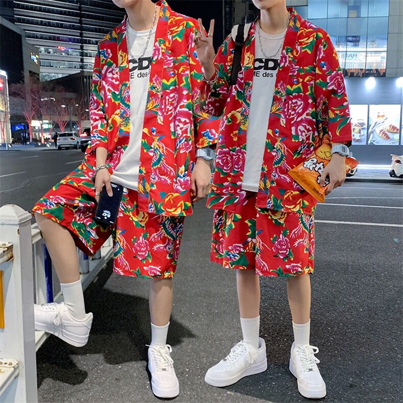 TZ1805男士休闲披肩短裤套装风东北大花大码风衣衬衫夏休闲图片