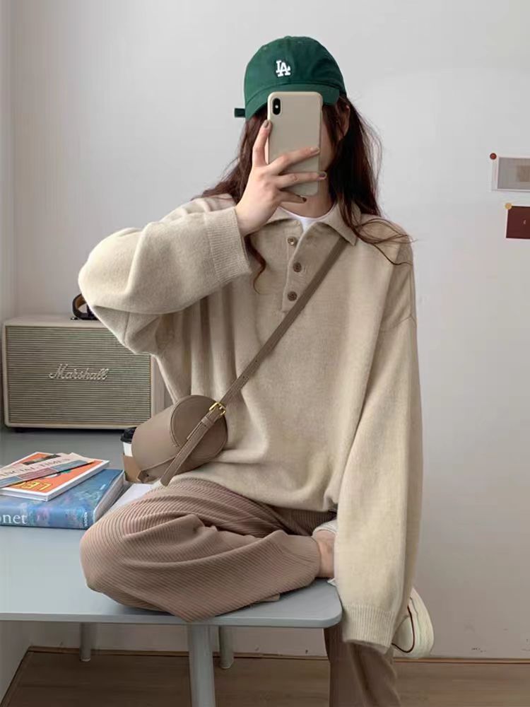 2025年秋季新款百搭女士polo领长袖针织衫图片
