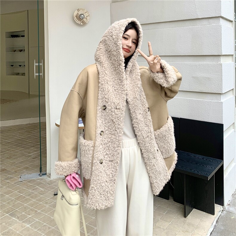 韩版减龄氛围感皮毛一体羊羔毛上衣女2025秋冬季新款显瘦百搭外套,女装短外套,2C261