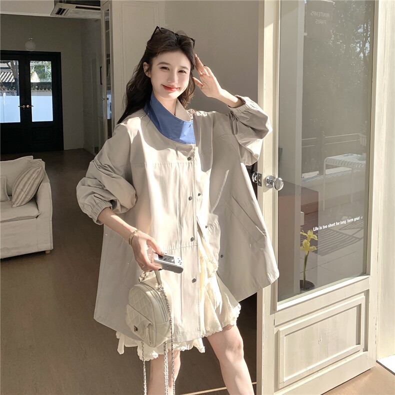 撞色拼接立领中长款休闲风衣女2026春秋新款随性松弛宽松显瘦外套,女装风衣,2C159