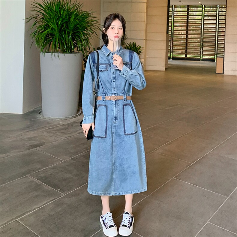 时尚复古牛仔连衣裙女2024春季新款时髦别致chic休闲风中长款裙子,女装连衣裙,点滴