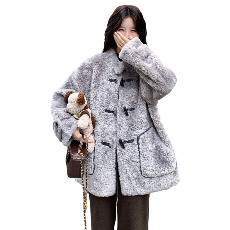 灰色牛角扣皮毛一体外套女秋冬超火好看高级感加绒加厚羊羔毛夹克,女装短外套,2C217
