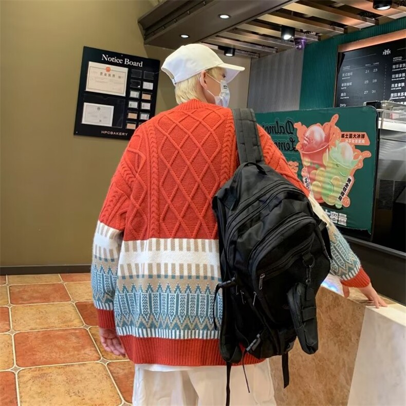 复古拼接菱格V领开衫毛衣宽松潮牌针织衫外套,男装针织衫/毛衣,星座410-7
