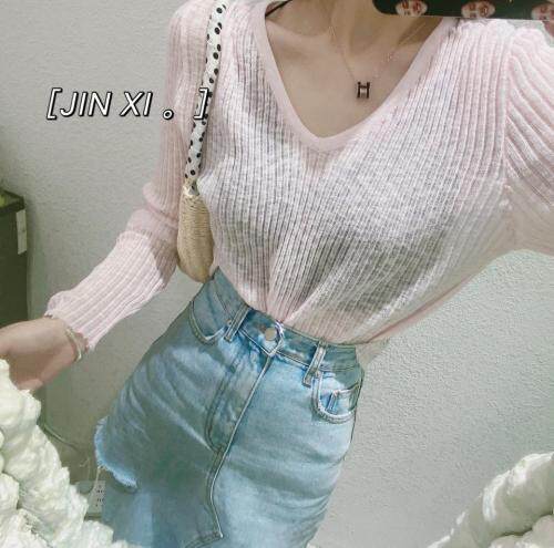 竹节麻V领针织小衫，女装，金翕服饰