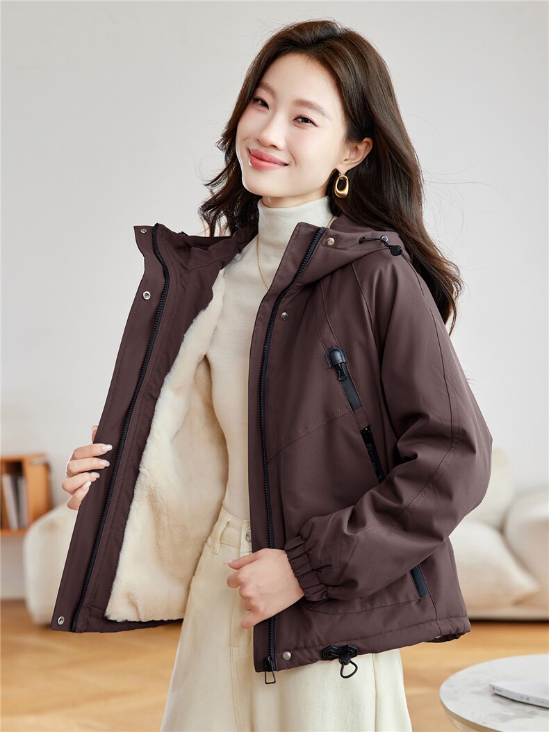 休闲连帽加绒加厚派克服外套女2025秋冬新款小个子短款宽松冲锋衣,女装棉衣/棉服,沐七七