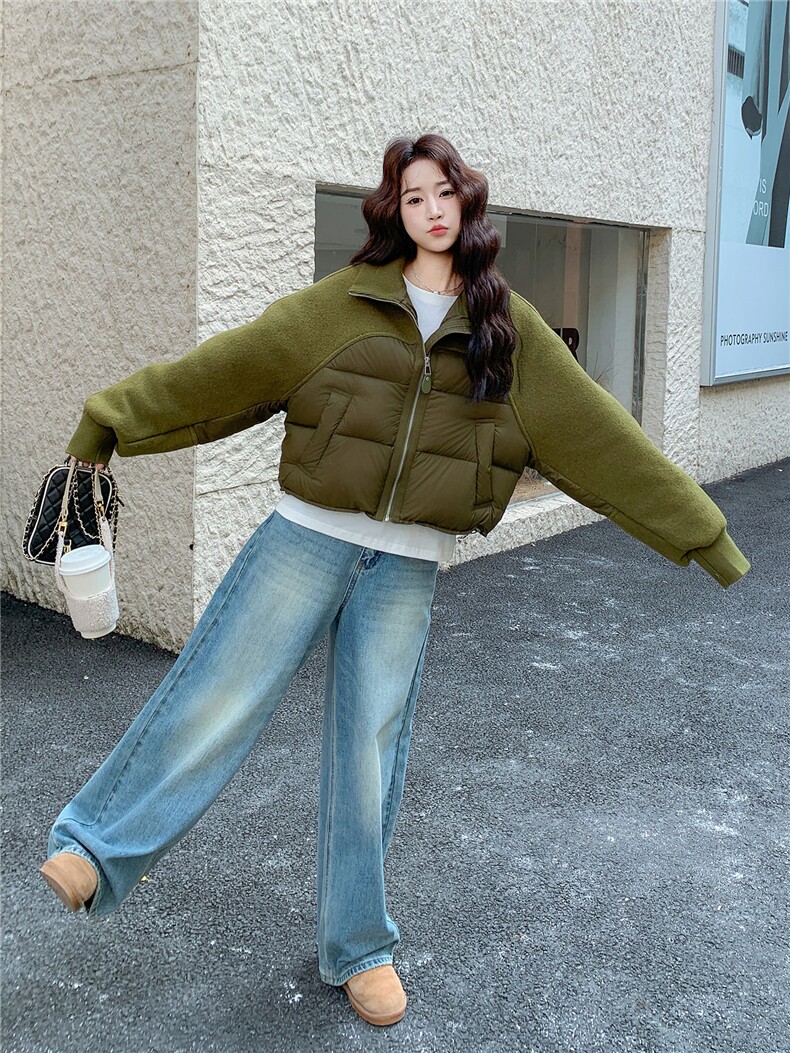 短款立领毛呢拼接羽绒服女2025冬季新款小个子白鸭绒面包服外套潮,女装羽绒服,琦鑫阁（原依鑫阁）