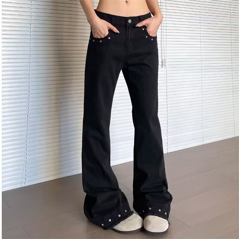复古铆钉微喇牛仔裤男女小众美式cleanfit设计感休闲显瘦直筒长裤,男装牛仔裤,星座1210-1
