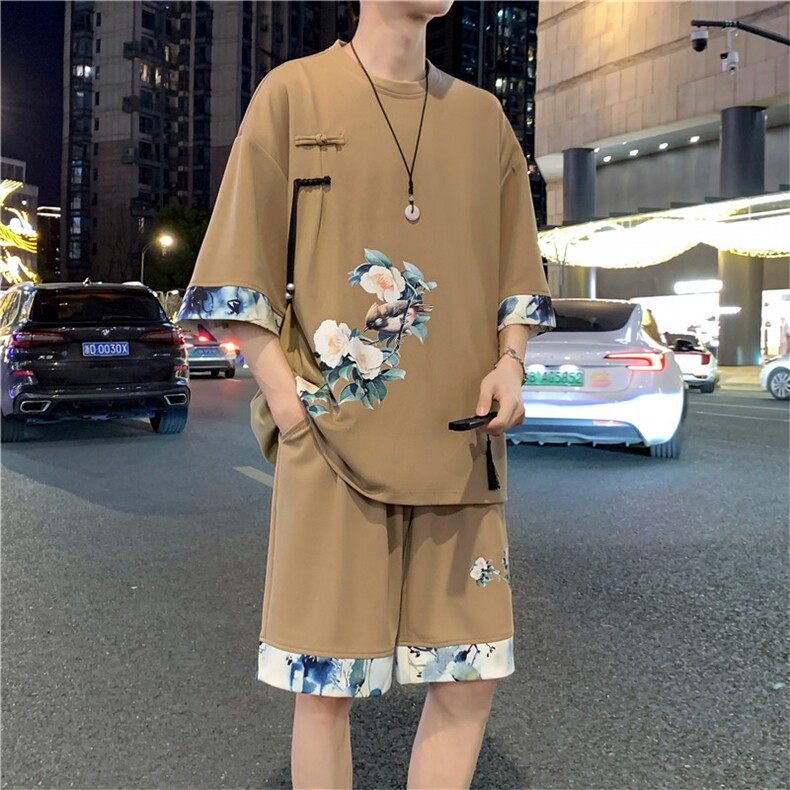 新中式风两件套夏季新中式禅意短袖t恤男套装A436-D221-P52,男装休闲套装,电商A436