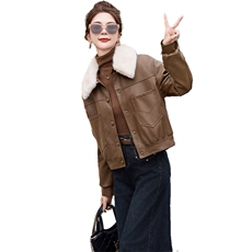 现货海宁f仿真皮皮衣女加绒加厚短款2024冬季新款女士宽松皮外套，女装皮衣，潮流依族