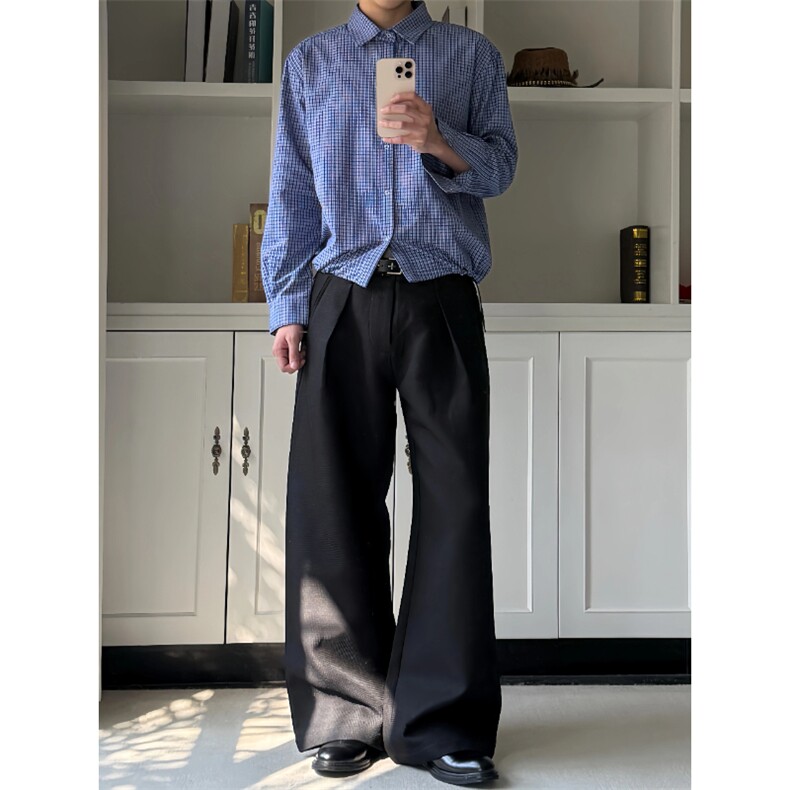 蓝色格纹抽绳长袖衬衫miu系CS5168特P50,男装衬衫,星座908-1
